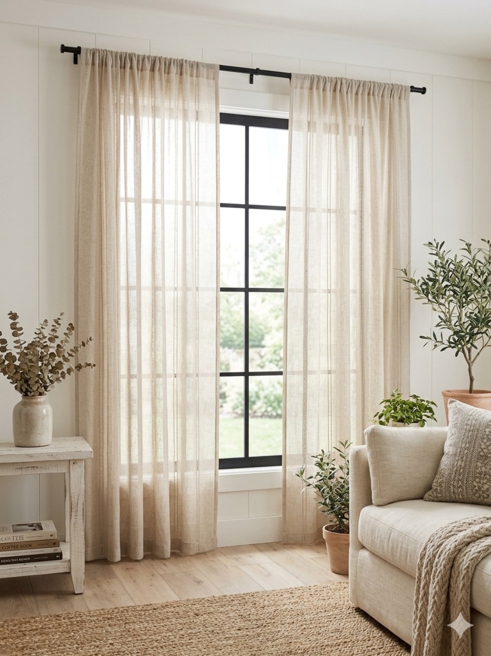Salon de Maison Osaka Sheer Rod Pocket Curtain Panels 38x84 Linen Look Beige NWT